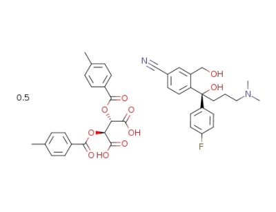 (1S)-4-[4-(dimethylamino)-1-(4'-fluorophenyl)-1-hydroxybutyl]-3-(hydroxymethyl)benzonitrile hemi-(+)-di-(p-toluoyl) tartaric acid salt